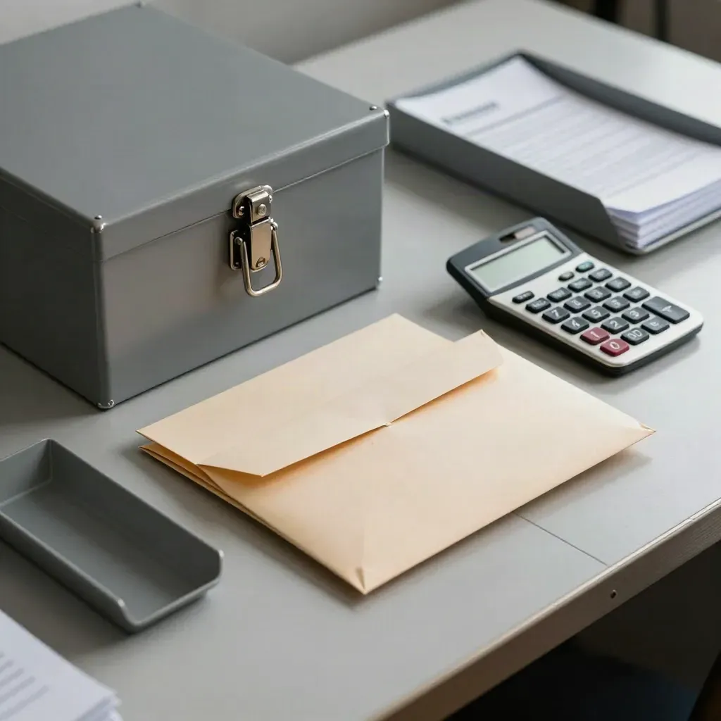 Top-down finance desk with sealed envelopes, lockbox, calculator and receipt trays.
