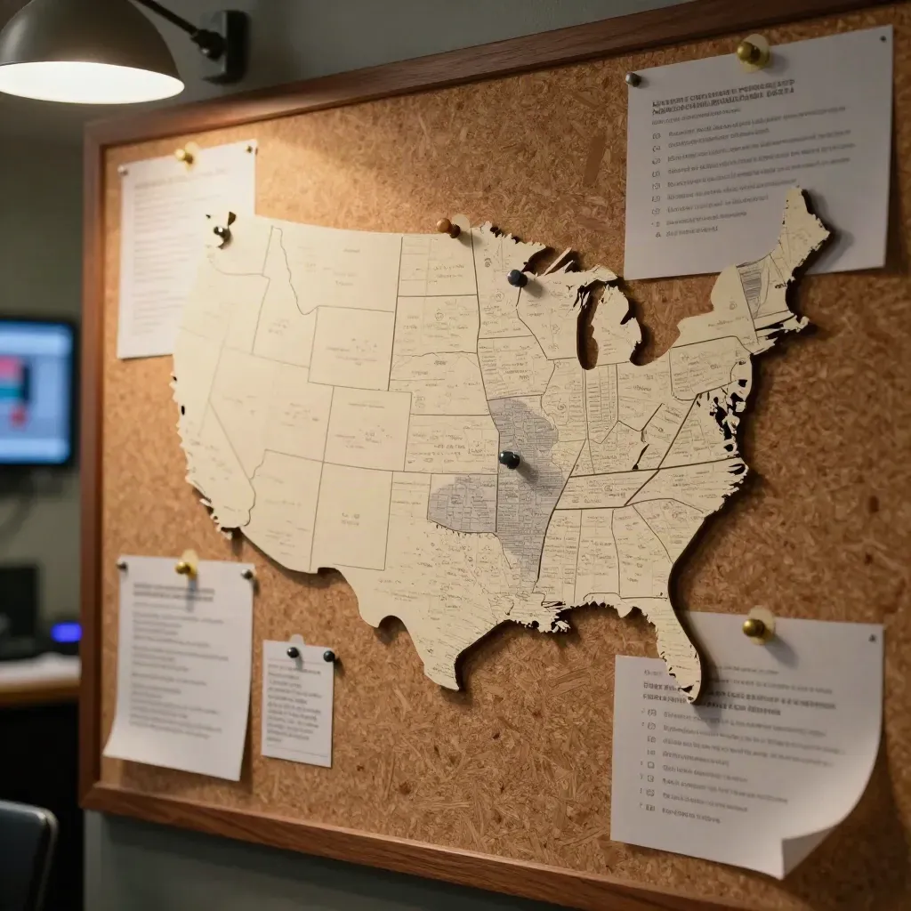 Election board with pinned state cutouts and soft-focus notes under a warm lamp