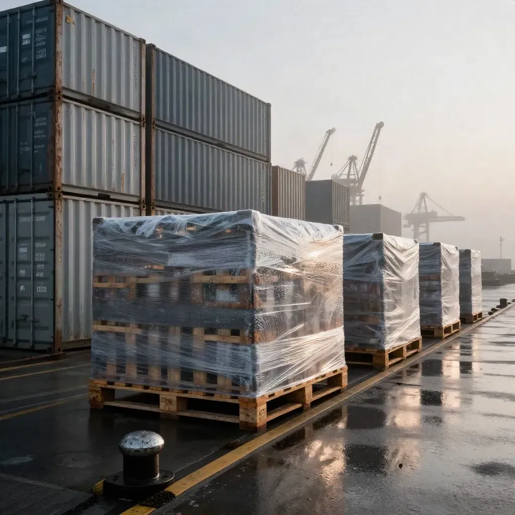 Rain-slick cargo port with stacked containers, wrapped pallets, and a crane line in dawn mist.