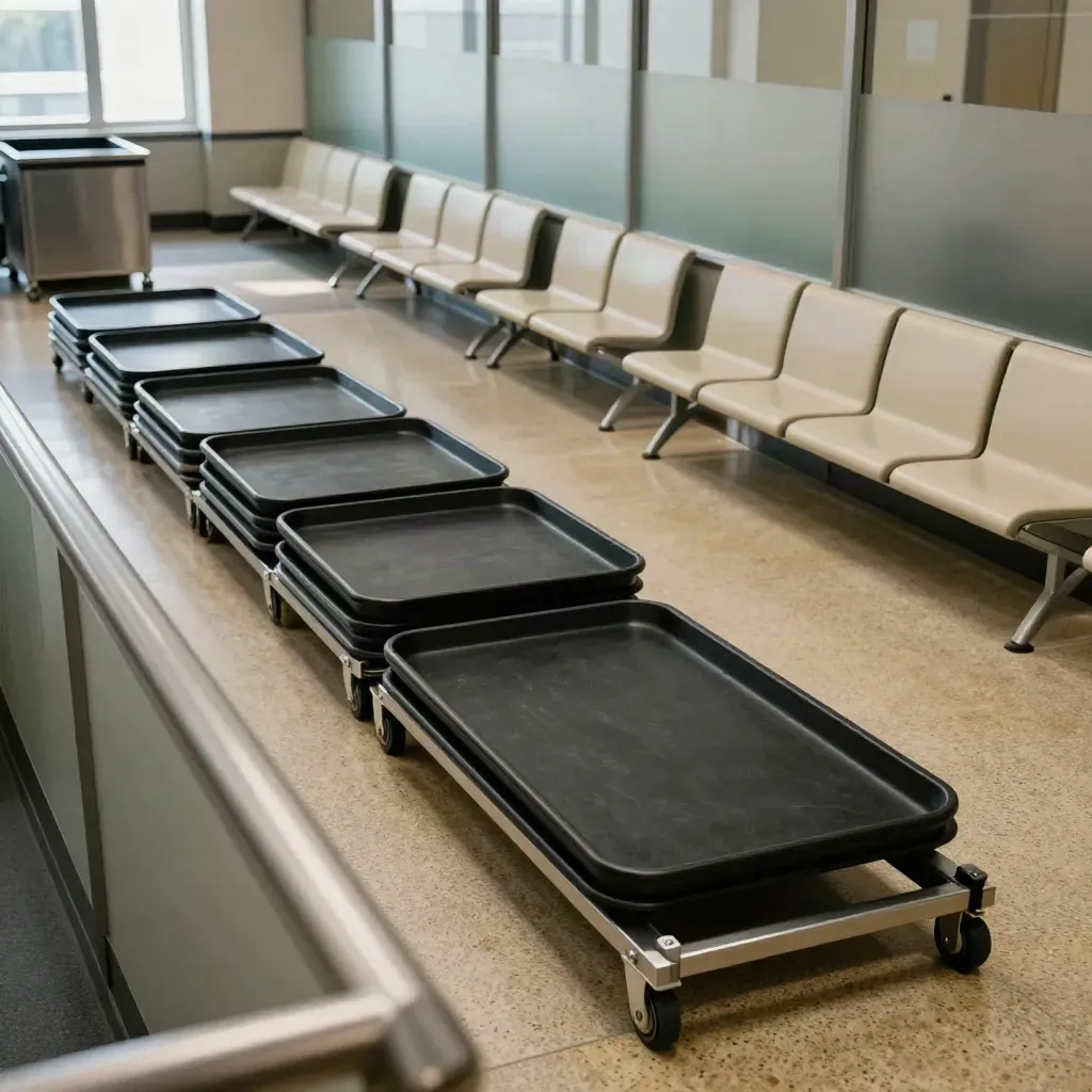 Empty courthouse lobby trays and bench rows seen from above, one tray still sliding.