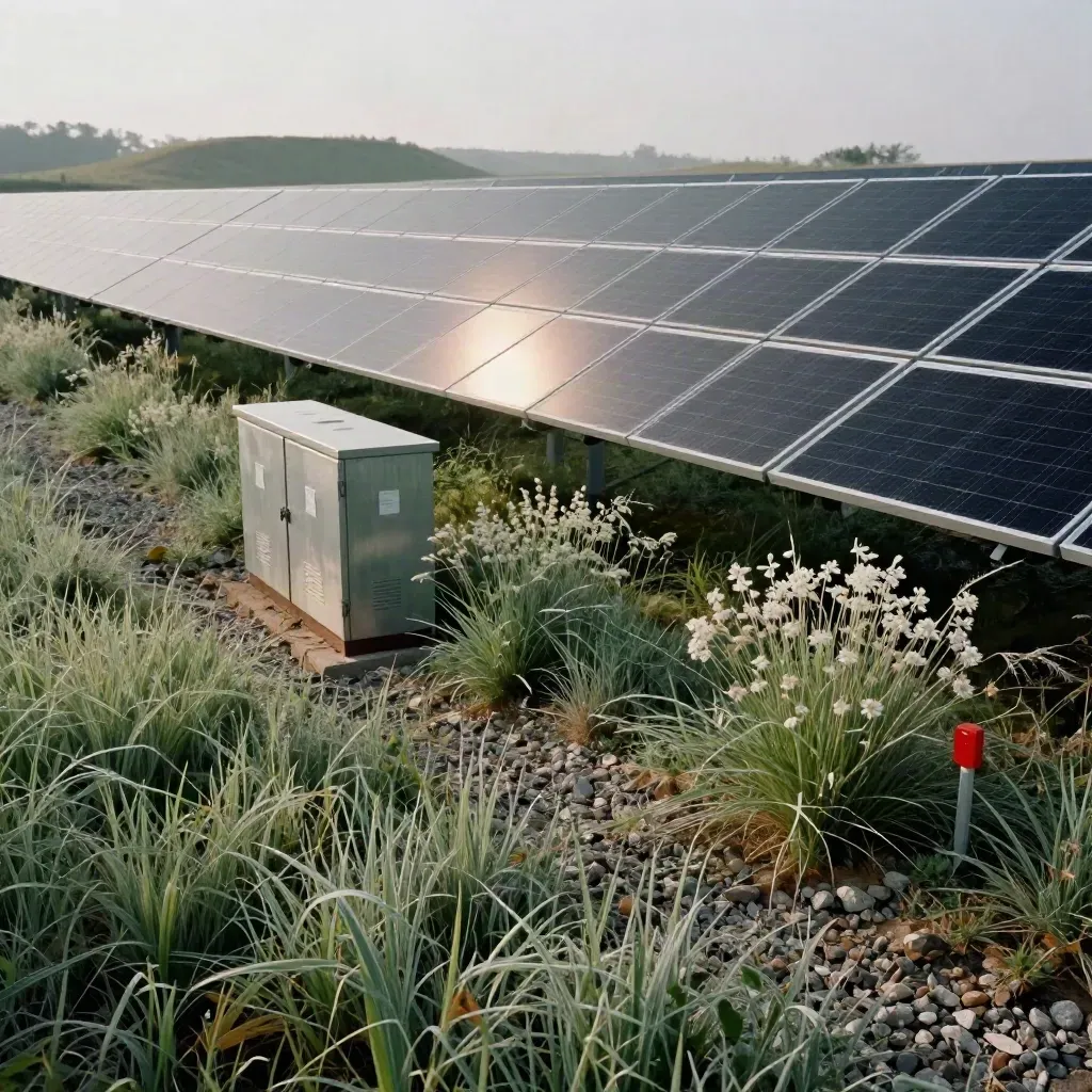 Solar panels and a battery cabinet in native grasses, with a small crimson utility marker.