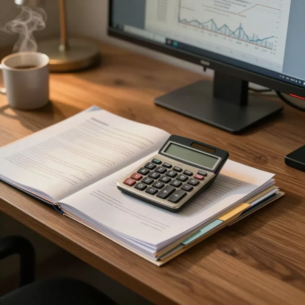 Top-down analyst desk with calculator, face-down briefs, tabs, and a blurred monitor graph.
