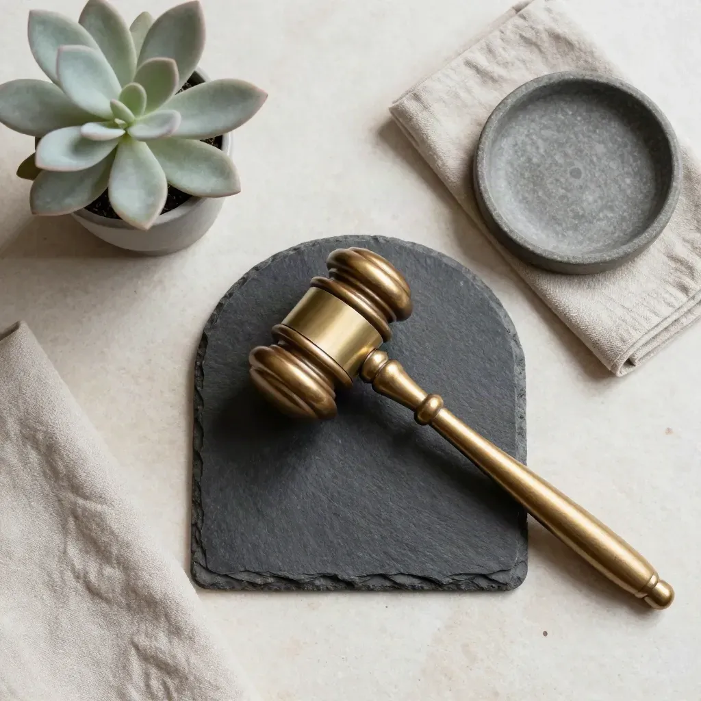 Brass gavel, plant, linen cloth and stone dish on pale stone, overhead flatlay.