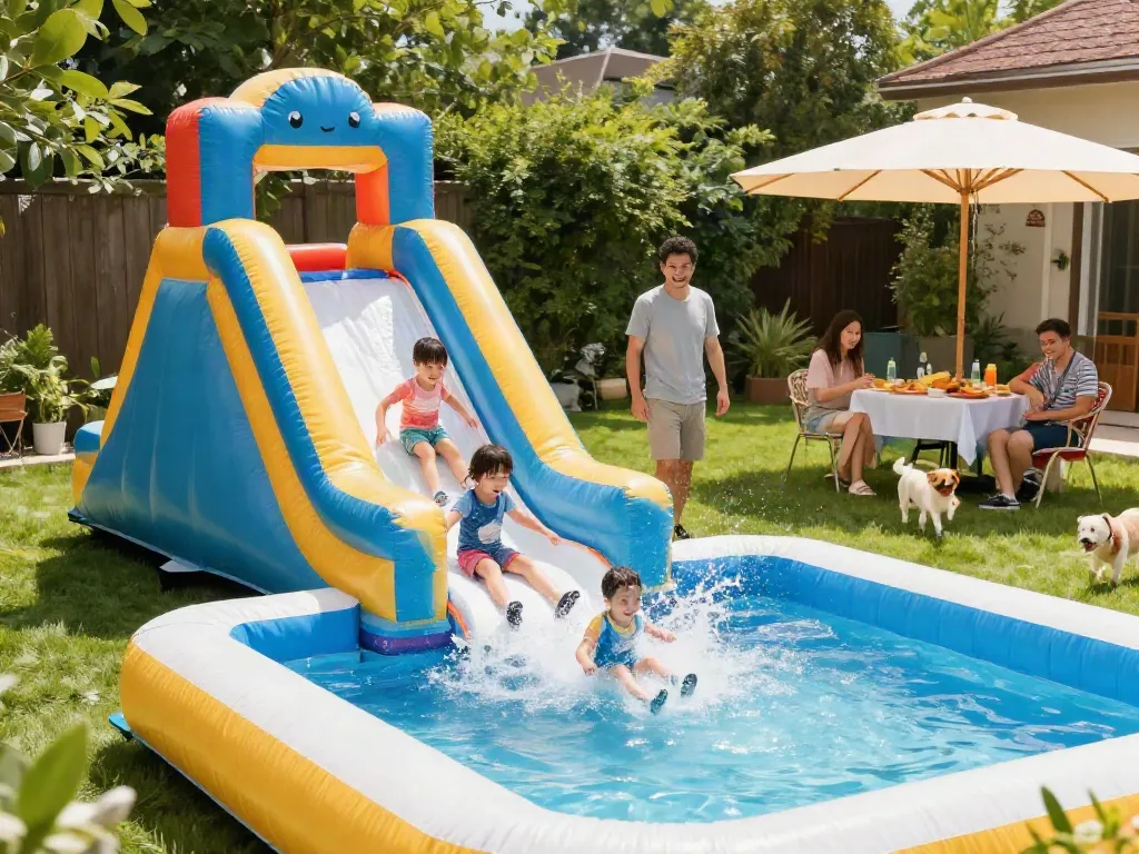An exciting inflatable water slide in a sunny backyard with kids sliding down and splashing water, creating a joyful summer atmosphere.